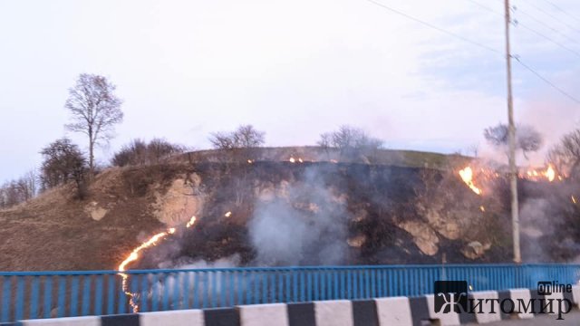  У Чуднові, поруч з мостом, горить суха трава. ФОТО