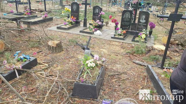 В одному з сіл Житомирської області після прибирання на кладовищі лишилися пошкоджені могили та купи дерев. ФОТО