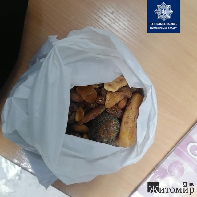 У Житомирі патрульні затримали чоловіка після крадіжки товарів з супермаркету: знайшли й мішечок з бурштином. ФОТО