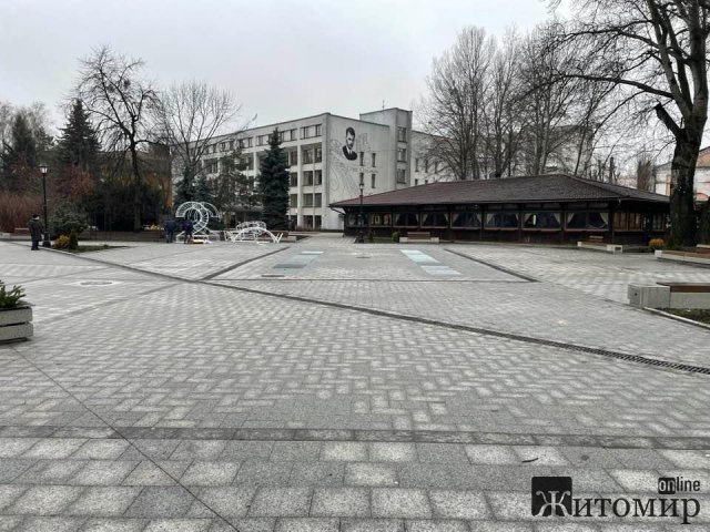 Біля обласної бібліотеки в Житомирі розвантажують будиночки та встановлюють новорічні декорації. ФОТО