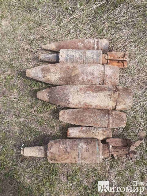 У селах Коростенського району піротехніки виявили та знешкодили реактивний снаряд, касетні елементи та артснаряди. ФОТО