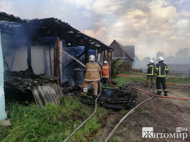 У селі Житомирської області загорілась господарча будівля, вогонь "охопив" ще шість приміщень та житловий будинок. ФОТО