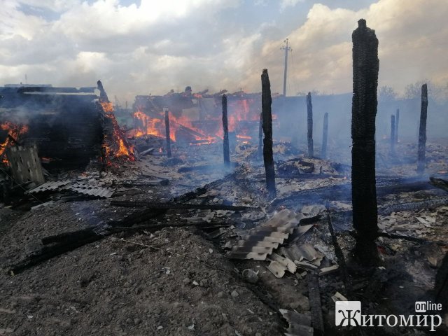 У селі Житомирської області загорілась господарча будівля, вогонь "охопив" ще шість приміщень та житловий будинок. ФОТО