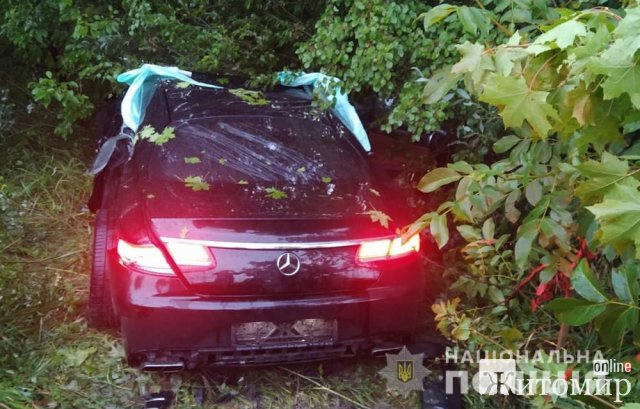 На автодорозі у Житомирській області Mercedes зіштовхнувся з колесовідбійником та з’їхав у кювет, є потерпіла. ФОТО