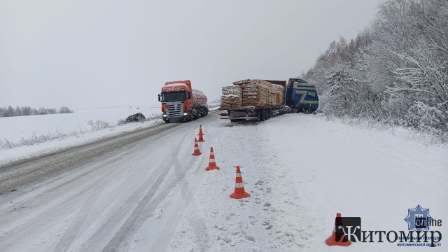 На автодорозі у Житомирській області зіштовхнулись вантажівка та Volkswagen: трьох людей госпіталізували. ФОТО