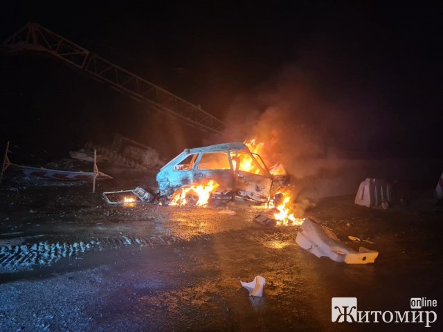 У Житомирській області ВАЗ врізався в бетонну секцію: автомобіль спалахнув та згорів. ФОТО