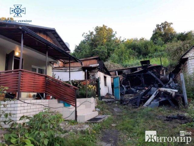 У Житомирі горіла господарча будівля: рятувальники встигли винести з приміщення газовий балон. ФОТО