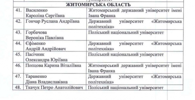 Житомирські студенти відзначені іменними стипендіями Президента і Верховної Ради