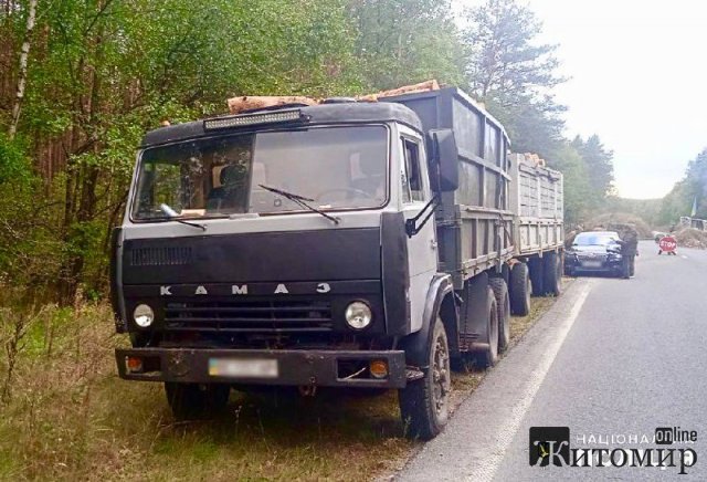 На півночі Житомирщини поліцейські зупинили КамАЗ: водій перевозив деревину без дозвільних документів. ФОТО