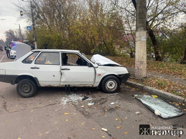 На Покровській в Житомирі водію ВАЗ під час руху стало зле та він врізався в бетонну опору. ФОТО