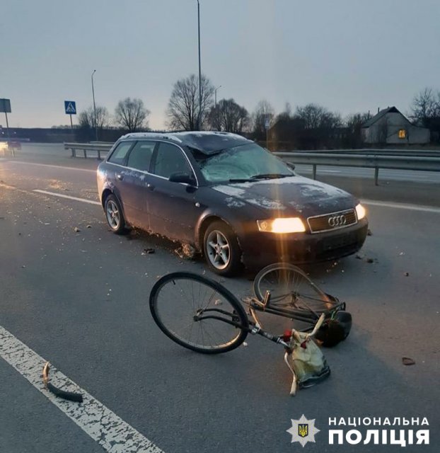 На трасі у Звягельському районі водійка Audi здійснила наїзд на чоловіка з велосипедом у руках. ФОТО