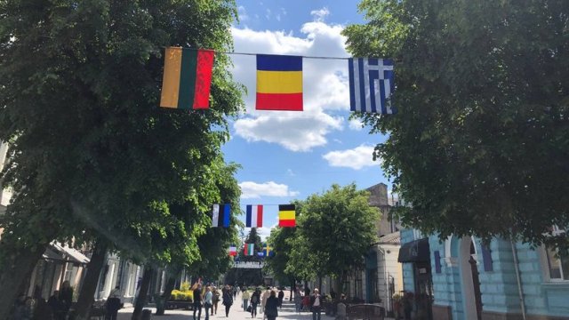 У Житомирі на Михайлівській у День Європи розвісили світлини та прапори країн, які допомагають місту