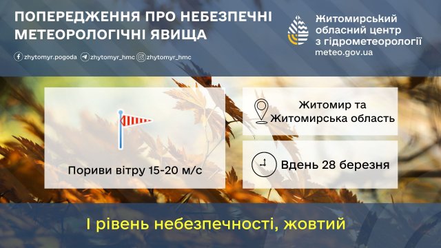 Штормовий вітер у Житомирській області: у пʼятницю та на вихідних значно потепліє Штормовий вітер у Житомирській області: у пʼятницю та на вихідних значно потепліє