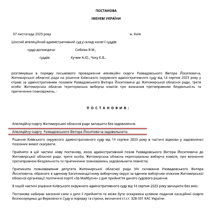 Суд визнав протиправною бездіяльність Житомирської обласної ради щодо припинення повноважень депутата обласної ради Віктора Развадовського Суд визнав протиправною бездіяльність Житомирської обласної ради щодо припинення повноважень депутата обласної ради Віктора Развадовського