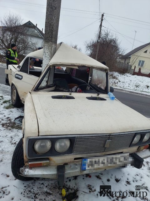 У Житомирському районі водій на ВАЗ врізався в електроопору. ФОТО