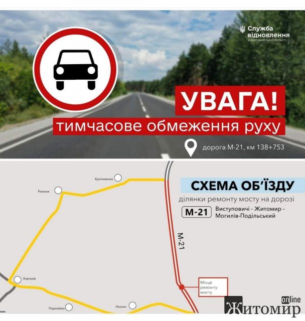 На одній з трас в Житомирській області на тиждень буде перекритий рух транспорту через відновлення мосту На одній з трас в Житомирській області на тиждень буде перекритий рух транспорту через відновлення мосту