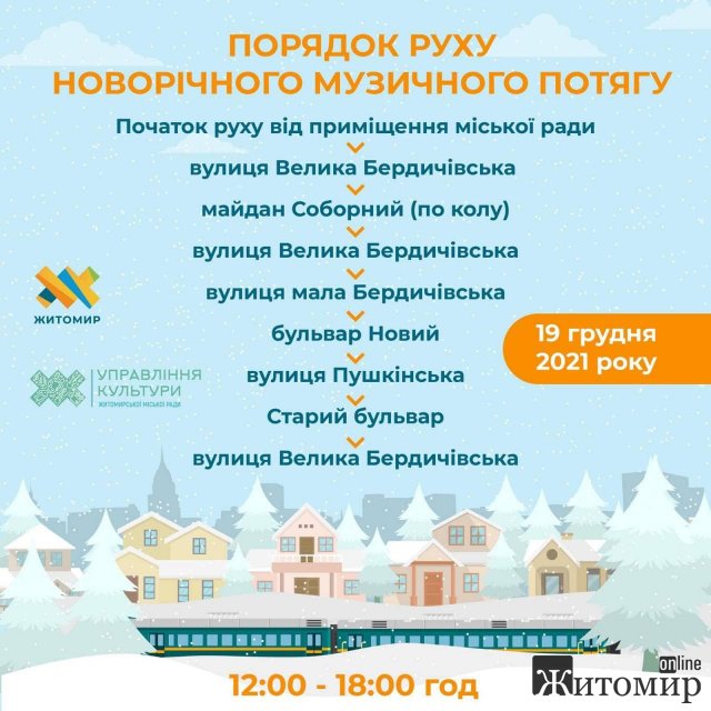 У Житомирі сьогодні запалять новорічну ялинку та їздитиме музичний потяг У Житомирі сьогодні запалять новорічну ялинку та їздитиме музичний потяг