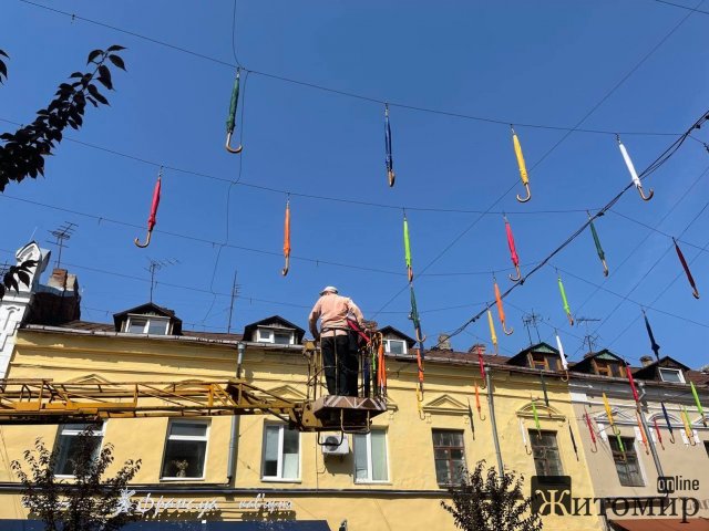 На Михайлівській у Житомирі вивішують кольорові парасольки. ФОТО