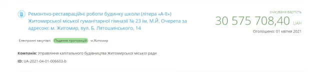 Влада Житомира оголосила тендер з реставрації старого корпусу гімназії №23: ціна питання - понад 30 млн грн