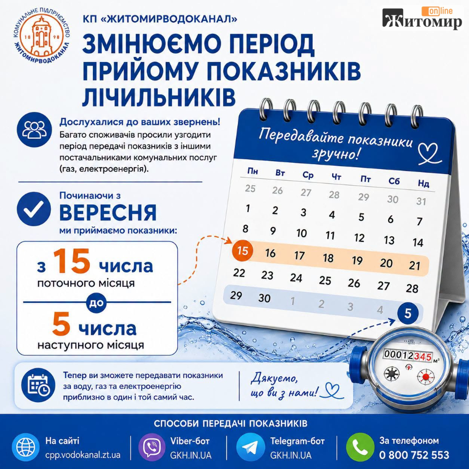 Передавати показники стане зручніше: КП «Житомирводоканал» змінює терміни прийому - Інформація, Топ-новини. Джерело: Zhitomir-OnLine Передавати показники стане зручніше: КП «Житомирводоканал» змінює терміни прийому - фото №